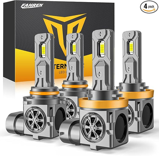 H11/H8/H9 & 9005/HB3 Light Bulbs Combo, 100,000LM 12X Ultra Brightness, Real 1:1 Mini Size, 6500K White 85000Hrs Long Life with Cooling Fan, 9005 H11 Fog Lights, Plug and Play, Pack of 4