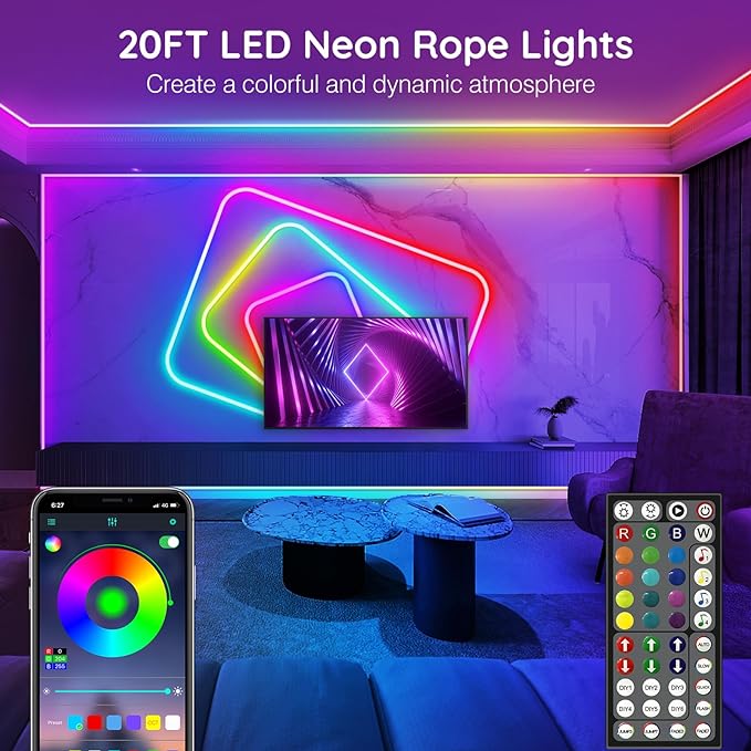 AILBTON 20FT Led Neon Rope Lights Control with App/Remote,Flexible Led Rope Light,Multiple Modes,IP65 Outdoor RGB Lights Waterproof,Music Sync Gaming Led Neon Strip Light for Bedroom Decor