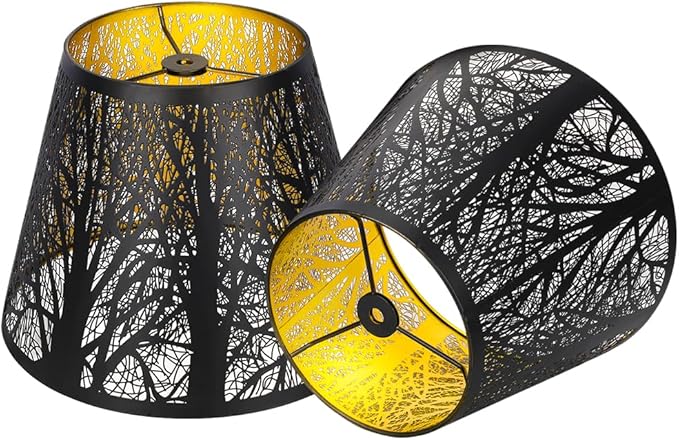 Etched Small Forest Metal Lampshade Top 6‘’ Bottom 10‘’ Height 7.5" Barrel Shade Lampshade Fits Most Table Lamp and Floor Lamp Spider, Outer Black and inner Gold
