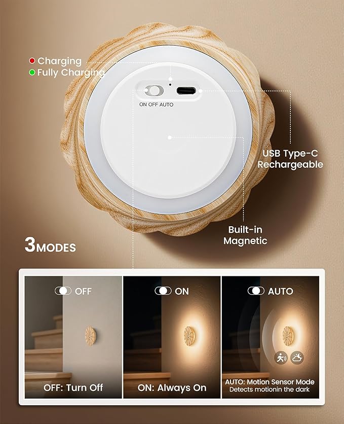 Night Light Wooden Carved Flower Mini USB Rechargeable Motion Sensor Nightlights Magnetic Wall Light for Hallway, Bedroom, Living Room, Stair, Ash Wood