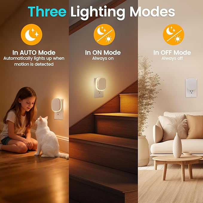 Night Lights with Motion Sensor & Dusk-to-Dawn Sensor, 2 Pack, Backlit Soft White with Adjustable Brightness, Auto-On/Off, for Kids Adults Nursery Bedroom Bathroom Hallway Kitchen