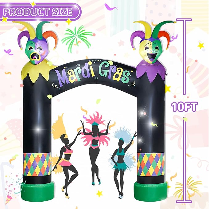 10FT Mardi Gras Inflatable Arch with LED Lights - Easter Blow Up Outdoor Decoration, Jester Mask Archway for Party/Yard/Garden/Lawn, Built-in Sandbags & Easy Set up