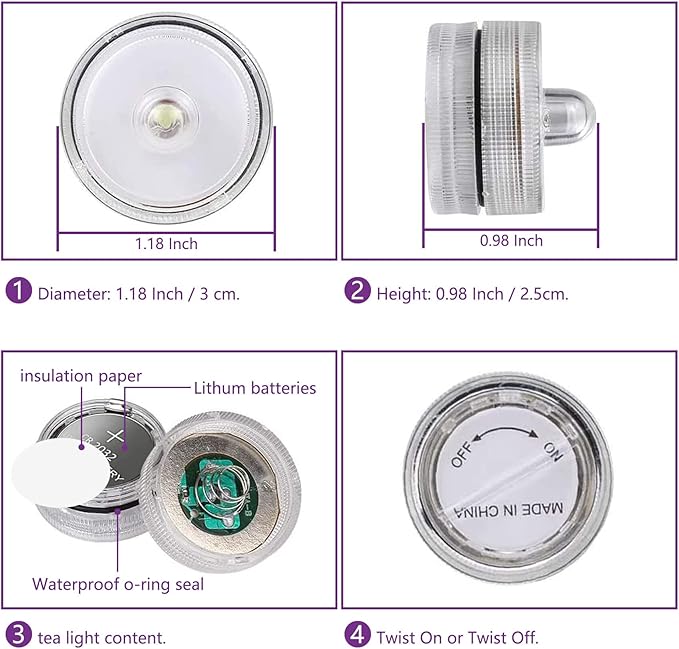 Submersible LED Light, Tea Lights, Pond Underwater Small LED Lights, Battery Operated 125 Hours, for Wedding Home Vase Festival Party Decoration White 24Pcs (Built-in 48 Batteries)