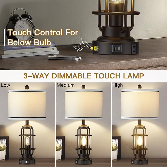 Modern Table Lamps, Industrial 3-Way Dimmable Bedside Lamp with USB A+C Ports & AC Outlet, Touch Control Rustic Nightstand Lamp LED Night Light for Living Room Bedroom Decor Home(4 Bulbs Included)