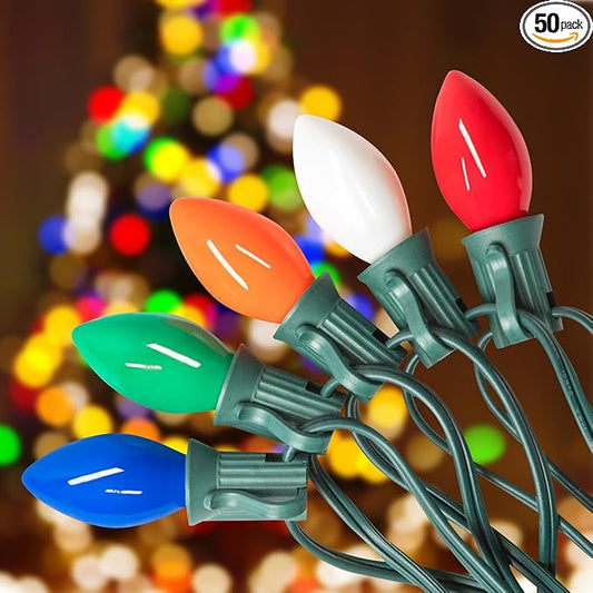50FT C7 Christmas Lights Outdoor, Multicolor Vintage Christmas Lights String with 50+5 Ceramic Bulbs,Hanging Christmas Light Green Wire for Holiday Party Wedding Christmas Decorations