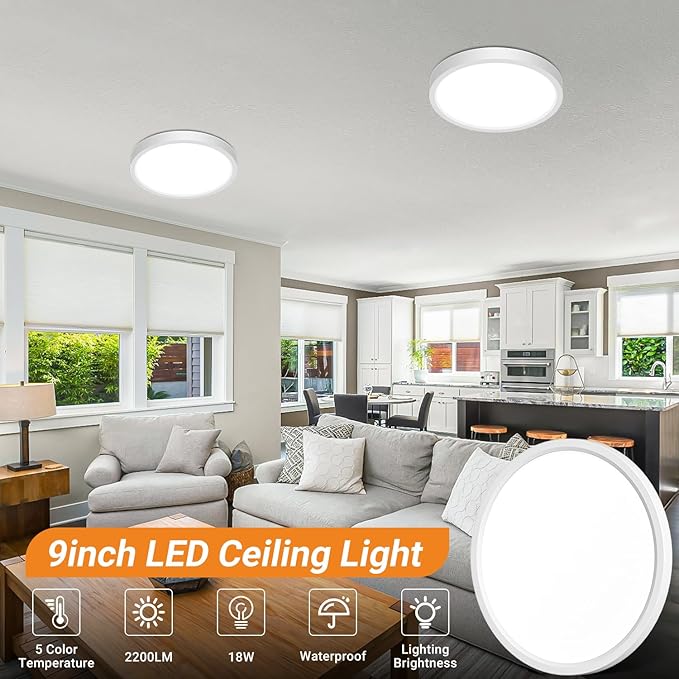 slochi 4Pack LED Flush Mount Ceiling Light Fixture, 9 Inch 18W, 2200LM, Super Slim 0.7 Inch, 3000K-6500K Adjustable Low Profile LED Ceiling Lights for Bathroom, Closet, Hallway(White)