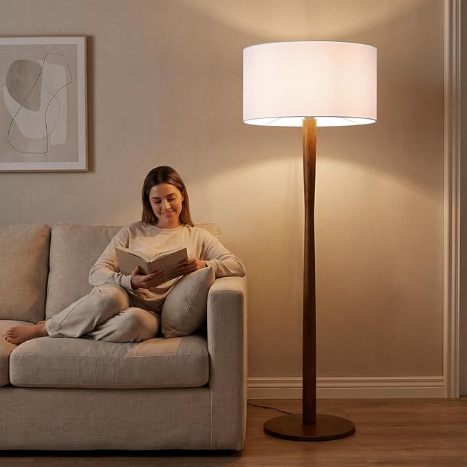 62" Tall Rustic Wood Floor Lamp for Living Room, Farmhouse Walnut Wood Floor Lamps with Linen Shade for Reading, UL Listed Stand Lamps with Woods Base for Bedroom, Corner, Office, White Shade