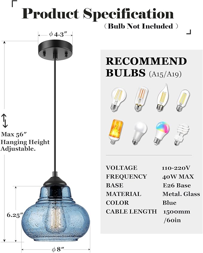 ELYONA 8 Inch Pendant Light for Kitchen Island Modern Blue Hand Blown Bubble Glass Pendant Lighting Hanging Light fixtures for Dining Room Bar Bedroom Living Room