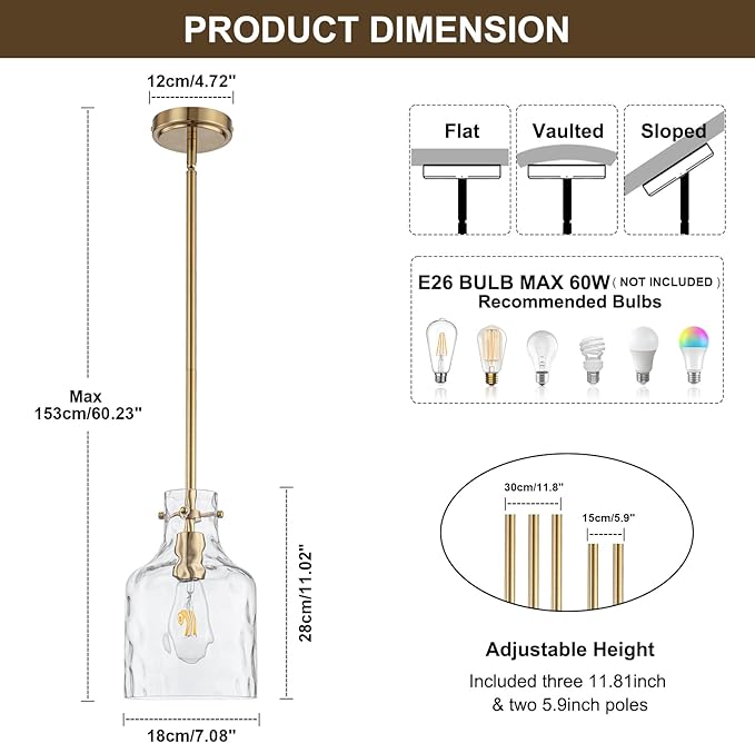 WILON Pendant Light Fixtures,Glass Pendant Lighting for Modern Kitchen Island Adjustable Hanging Ceiling Light 7" Hammered Glass Shade Pendant Lights for Dining Room Kitchen Sink, Gold Metal Finish