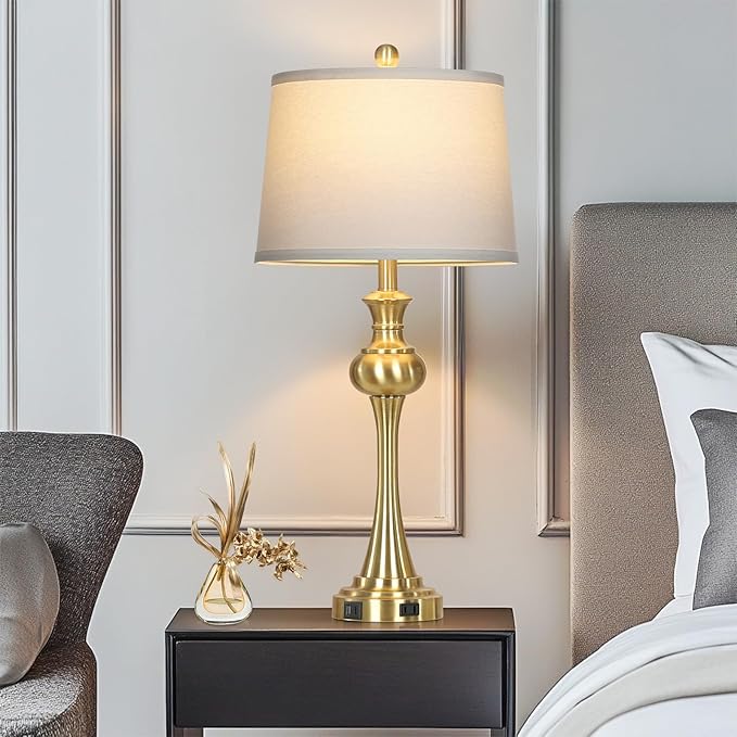 28.75" Modern Table Lamps Set of 2, Gold Bedside Lamp with USB A+C & AC Outlet,Brass Unique Desk Lamps for Living Room, Bedroom, Nightstand, End Table (2 Bulbs Included)