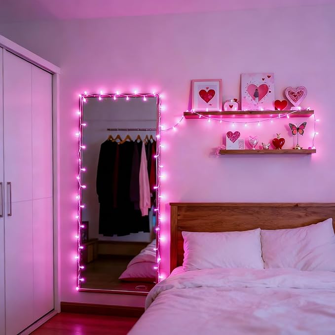 LAMPHOME 99ft Pink Valentine Lights String, 300 LED Valentines Day String Light Plug in, 16Lighting Modes Transparent Wire Fairy Starry for Indoor Outdoor Xmas Tree Wedding Party Decoration