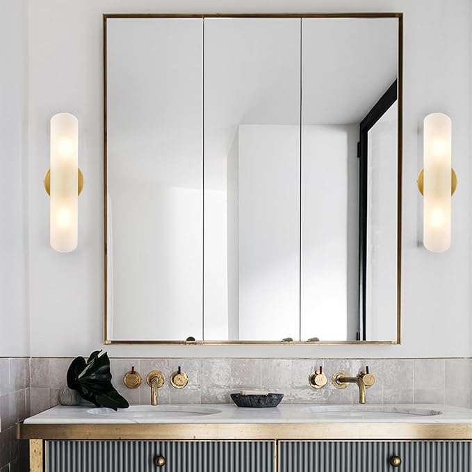 DAYCENT Modern Brass Wall Sconces Set of Two Frosted Glass Wall Light Fixture 2-Light Cylinder Bathroom Vanity Lights Gold Glass Sconces Wall Lighting for Hallway Bedroom Staircase