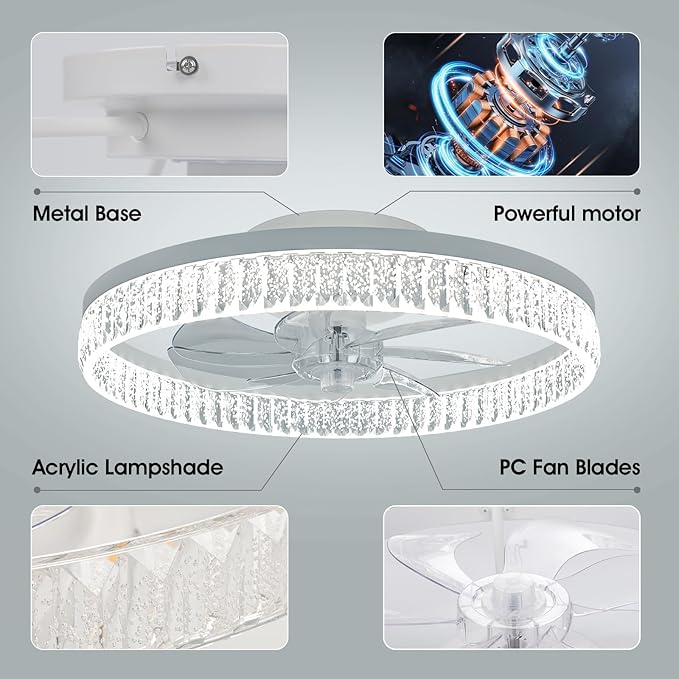 Ceiling Fans with Lights, 20'' Ceiling Fans with Lights and Remote, Low Profile Ceiling Fan with Light, 3 CCT & Dimmable, 6 Fan Speed, Remote&App Control Ceiling Fan for Bedroom, Living Room, Kitchen