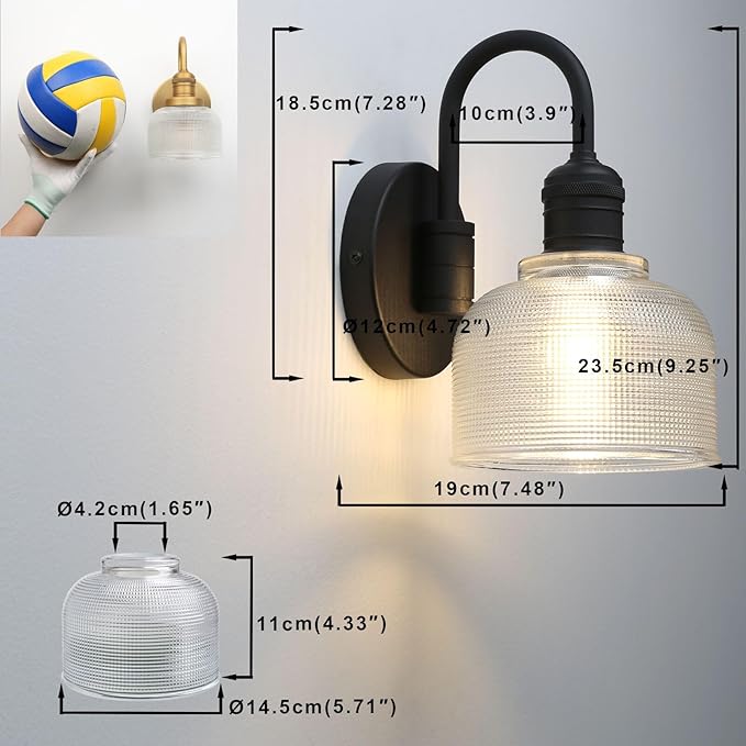 Yosoan Brass Boho Vintage Wall Sconce with Striped Shade, 1-Light Modern Vanity Light Industrial Single Wall Mounted Hardwired Bowl Texture Glass Shade for Living Room Bedroom Kitchen Hallway(Black)