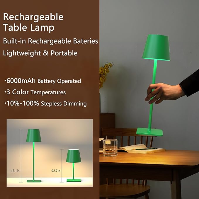 2 Pack Cordless Table Lamp: 6000mAh Battery Operated Touch Lamp Outdoor Table Lights, 3 Color Stepless Dimming, Waterproof Wireless Portable Desk Lamp for Indoor Table Living Room Camping Cafe(Green)