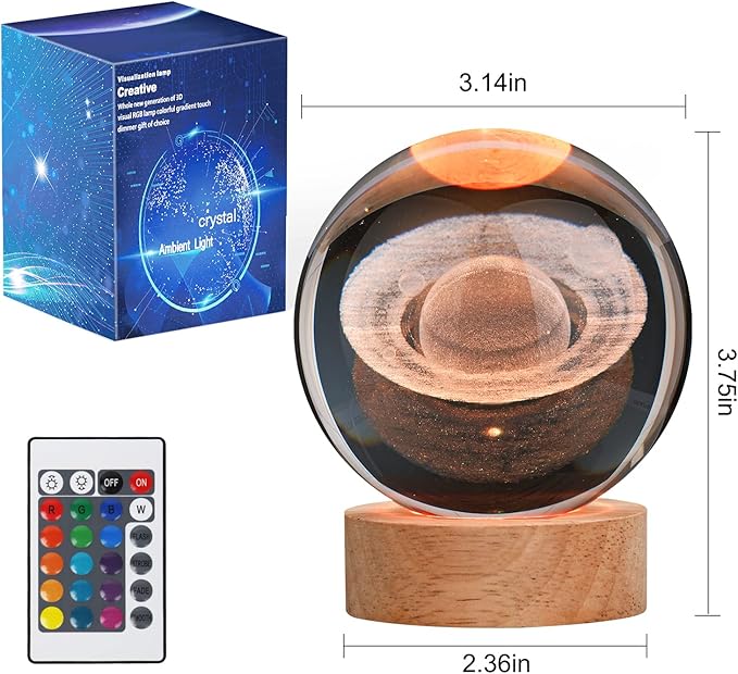 Large 3D Crystal Ball Saturn Lamp, Crystal Lamp 16 Color Changing Night Light with Remote Control for Bedroom Decor, Ideal Birthday Gift for Teens Boys and Girls, Saturn Model