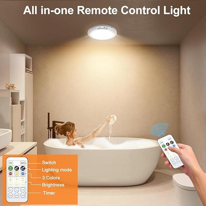 Rechargeable Ceiling Light with Motion Sensor: Battery Operated LED Closet Light with Remote & Timing - Wireless Dimmable Magnetic Mount Shower Lamp for Bathroom/Stairs/Garage/Hallway