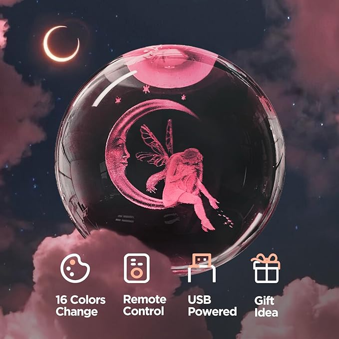 3D Moon Fairy Crystal Ball Night Light with Remote Upgraded 3.15 In Fairy Moon Figurine Glass Ball Lamp with 16 Color Wooden LED Base Elegant Fairy Room Table Decor Gifts for Kid Teens Women