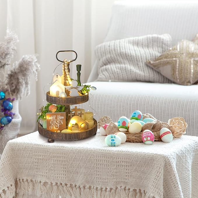 Glenmal 4 Pcs Easter Tiered Tray Decor He is Risen Religious Tiered Tray Decorations Wooden Easter Jesus Sign with LED Fairy Lights for Farmhouse Home Church Table Christian Catholic Cross Gifts