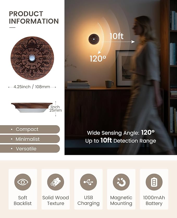 Motion Sensor Night Light Wood USB Rechargeable Stick-On Step Lights Magnetic Small Wall Lights for Hallway Bedroom Living Room Stair, Carved Black Walnut
