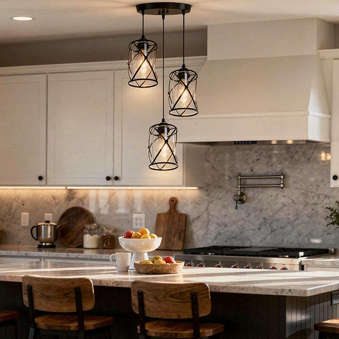 3 Light Pendant Lighting, Farmhouse Hanging Light Fixture for Kitchen Island & Dining Room, Industrial Vintage Ceiling Lamp with E26 Base, Adjustable Height, Matte Black with Glass Shades