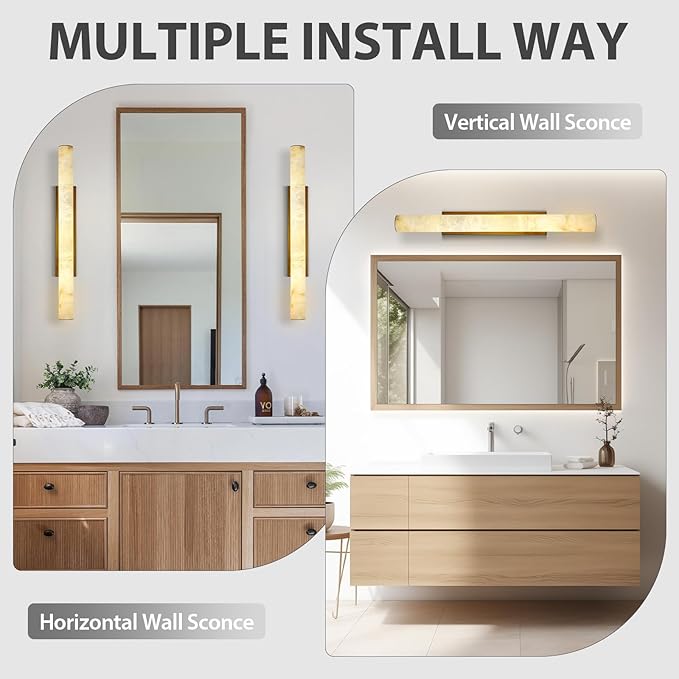 Brass Alabaster Wall Sconces, Spanish Natural Marble Wall Sconce, 36" Long Stone Wall Sconce Dimmable, Gold Alabaster Sconces Wall Lighting Indoor, Marble Wall Light for Bathroom, Living Room,Entryway