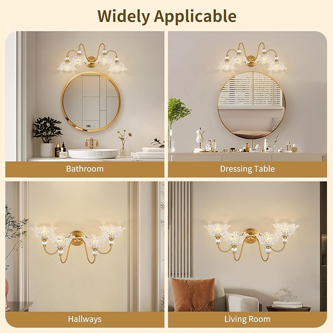 Vintage Matte Brass Finish Bathroom Vanity Light, 4-Light Vanity Light with Floral Glass Shades, Retro Wall Mount Lighting for Bathroom, Dressing Table