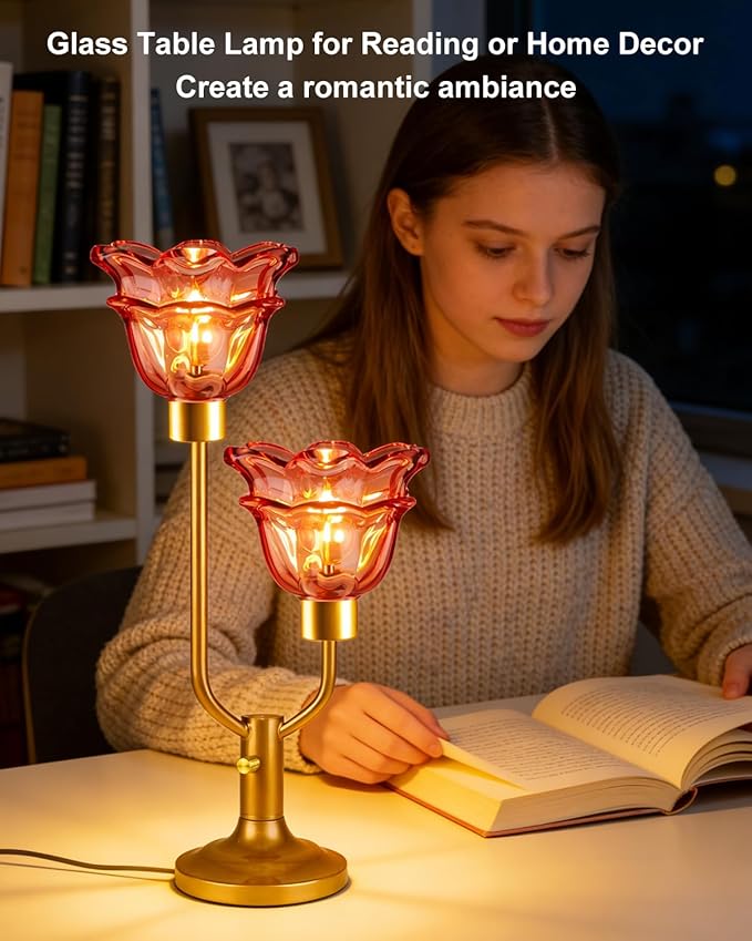 Lightdot Mid Century Modern Flower Table Lamp Gold Dimmable U-Shaped Deep Red Glass Desk Lamps with 2Pcs 3000K Warmwhite Bulbs Included Bedside Nightstand Lamp for Living Room Bedroom