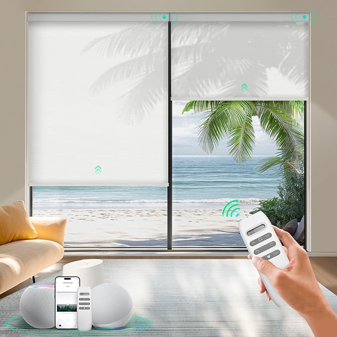 HeyBlinds Motorized Roller Shades, Smart Blinds for Windows, Remote Automatic Window Shades, Electric Shades, Light Filtering, Compatible with Alexa Google Apple Home (Simply-Soft White LF)