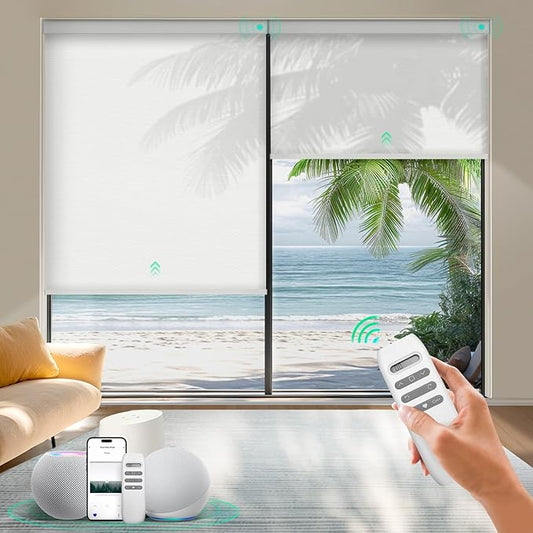 HeyBlinds Motorized Roller Shades, Smart Blinds for Windows, Remote Automatic Window Shades, Electric Shades, Light Filtering, Compatible with Alexa Google Apple Home (Simply-Soft White LF)