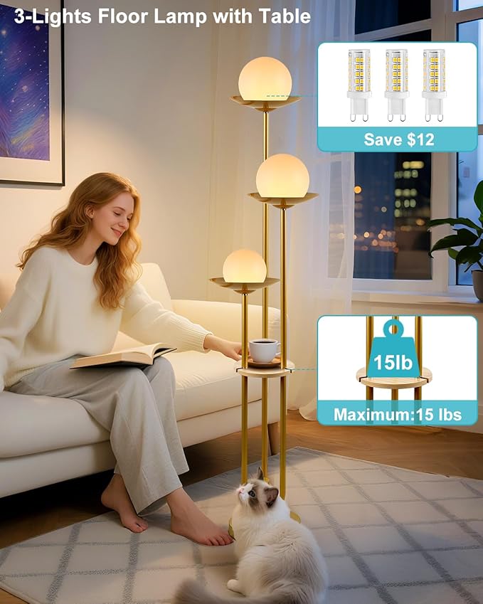 Lightdot 63IN Globe Floor Lamp with Shelf 3-Lights Modern Gold Dimmable Floor Lamps with Bulbs Included for Wedding/Party, Tall Standing Lamp for Living Room/Bedroom/Sofa Beside/Corner Decor