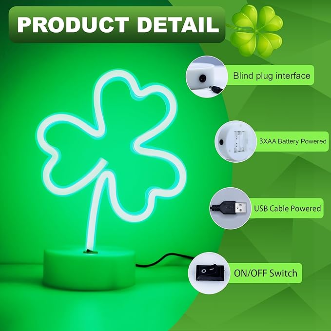 Clover Neon Signs Lights - Green Neon Signs Lights USB/Battery Powered Led Lucky Desktop Decor for Wedding Birthday Party Bedroom Shop Bar Christmas Gift Shop St Patricks Day Decor