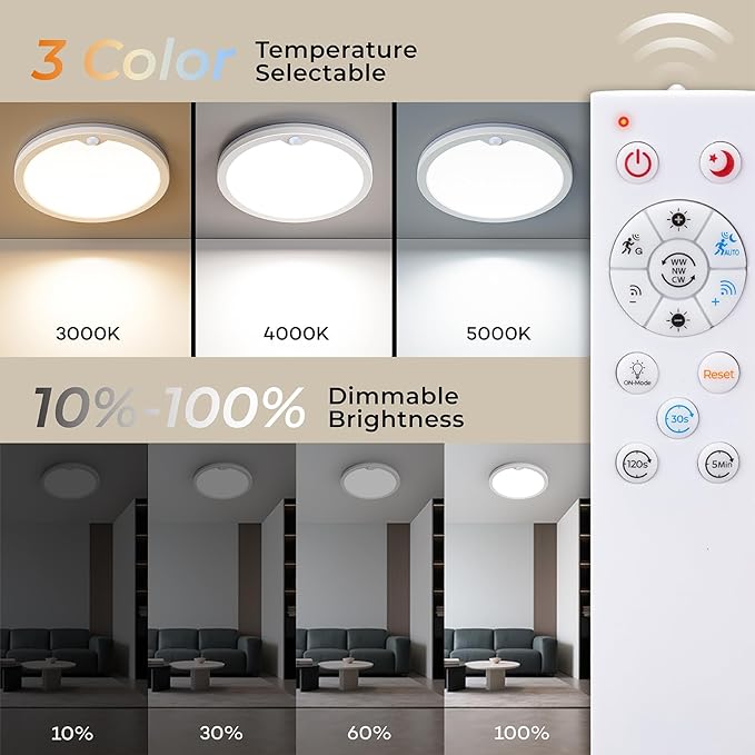 2Pack Motion Sensor Ceiling Light with Remote, Night Light 2000K, 8.7 Inch Wired Flush Mount 3000K/4000K/5000K, 1800LM Dimmable Motion Sensor Light Indoor for Closet Hallway Stairs White