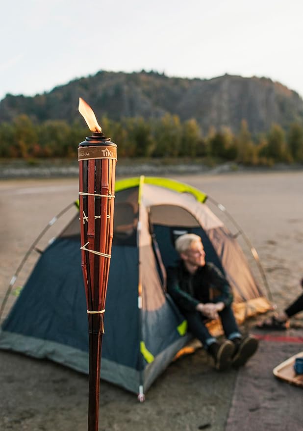 TIKI 60-Inch Bamboo Torches (4-Pack) – Natural Outdoor Torches with Easy Pour Canisters, Long-Lasting Fiberglass Wicks & Snuffers – Patio, Garden, Lawn & Backyard Decor – Walnut/Pecan Finish
