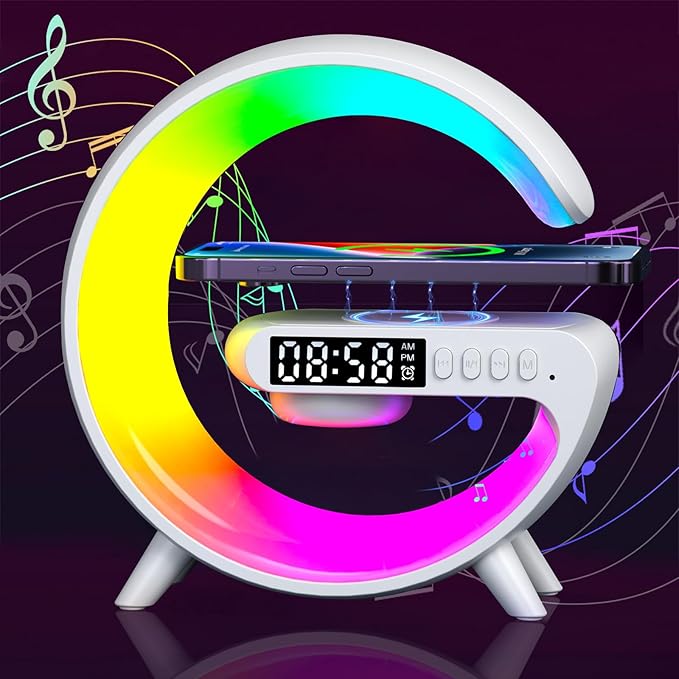 Wireless Speaker Charger Light,LED Bedside Lamp 4-in-1 Alarm Clock,Mood Night Light,Speaker & Wireless Charger,Smart Light Sound Machine,Atmosphere Table Lamp for Bedroom,Birthday Gifts