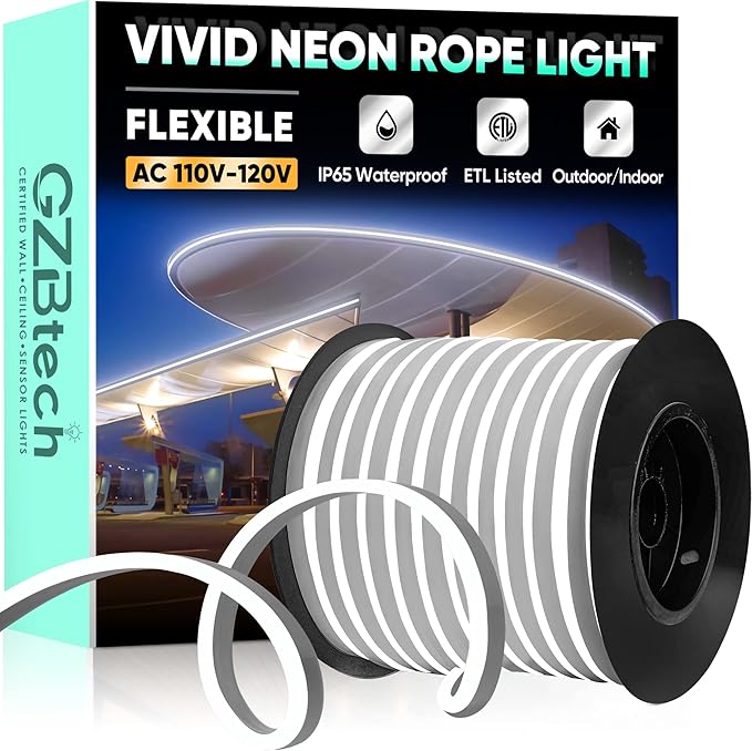 GZBtech Flexible LED Neon Rope Lights 132FT,AC 110-120V Waterproof Strip Light, 120 LEDs/M Cuttable Connectable Neon Lighting for Indoor Outdoor Home Decor/Commercial Use-Cold White 40M, ETL Listed