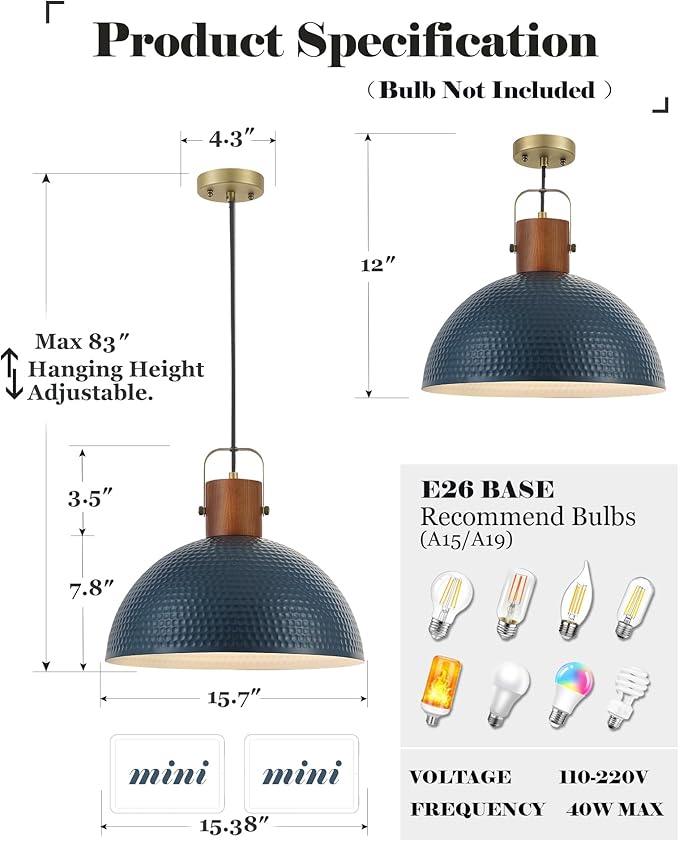 ELYONA 16” Large Ash Wood Pendant Light with Hammered Blue Metal & Brushed Brass Handle Large Pendant Light Fixtures Modern Dome Hanging Lamp for Kitchen Island, Dining Table, Bedroom, Hallway