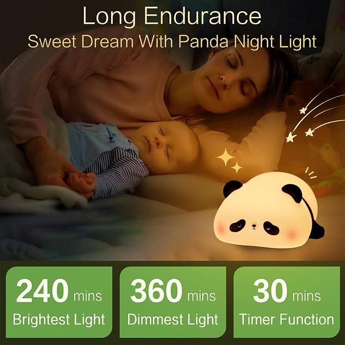 Panda Cute Night Light, Squishy Panda Kids Lamp, Rechargeable Dimmable Animal Light Decor, Pandas Gifts, College White Elephant Gift, LED Touch Nightlight for Baby Boy Girl, Safe Silicone
