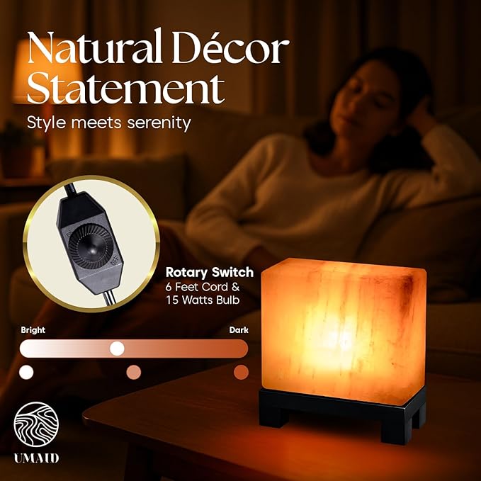 UMAID Himalayan Salt Lamp Rectangle, Natural Pink Rock Lamp on Modern Wood Base with Night Light Bulb and Dimmable Cord, Unique Home Decor, Zen Gifts, Perfect for Spa and Meditation Accessories