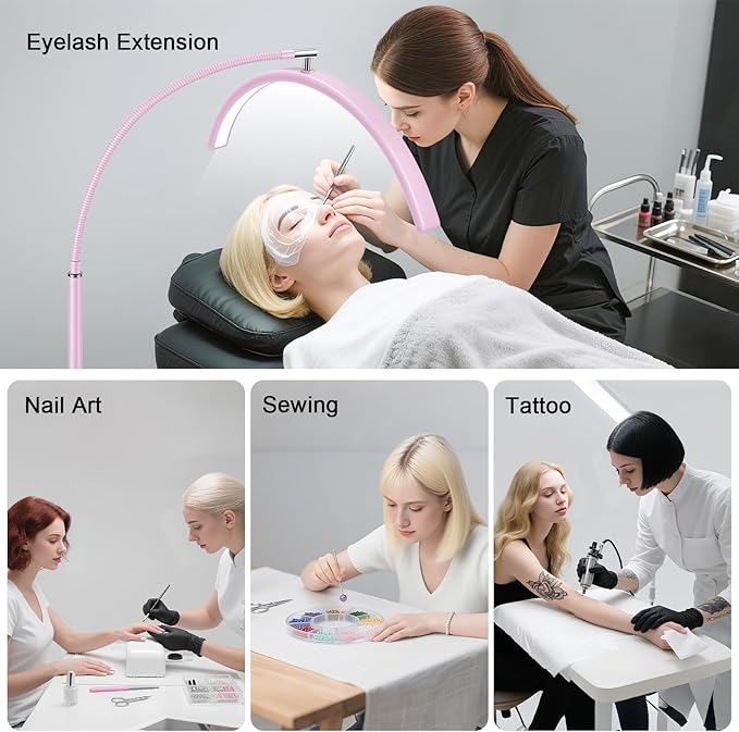 Half Moon Lash Light for Eyelash Extensions & Estheticians, Dimmable LED Lash Lamp with Flexible Gooseneck, Shadow-Free Moon Light for Lash Tech, Tattoo, SPA, Eyelash Lamp (Pink)