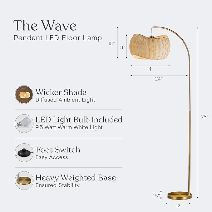 Brightech Wave Arc Floor Lamp - Chic Standing Lamp with Unique Hanging Wicker Pendant Shade for Living Room, Boho Rattan Natural Decor Lamp, Arcs Over Sofa, Bedroom & Office Desk for Reading - Brass