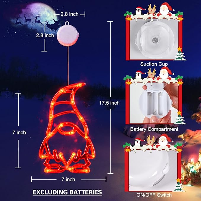 LOLStar Christmas Window Lights 3 Pack Red White and Green Gnomes Xmas Lights with Suction Cups 2025 Upgrade Timer Function and Slowly Fade Mode Battery Operated Indoor Decors Christmas Decorations