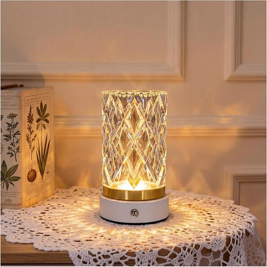 Crystal Table Lamp, Portable LED Bedside Lamp Touch Control, 3 Color Modes Dimmable, USB Rechargeable Night Light, Water Cup Design for Bedroom Living Room Home Decor