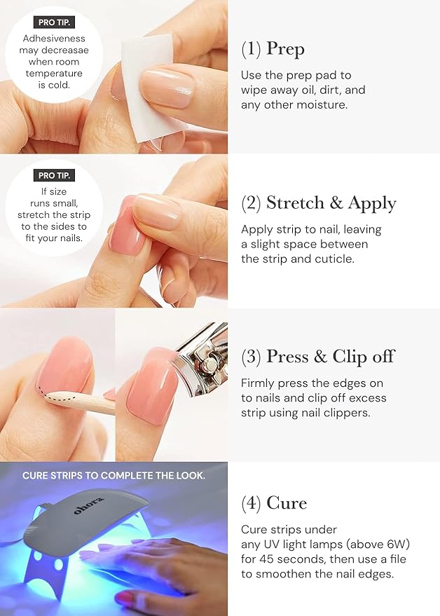 ohora Semi Cured Gel Nail Strips (N Floral Serenity) - Nude, Ombre, Works with Any UV/LED Lamps, Salon-Quality, Long Lasting, Easy to Apply & Remove - Includes 2 Prep Pads, Nail File & Wooden Stick