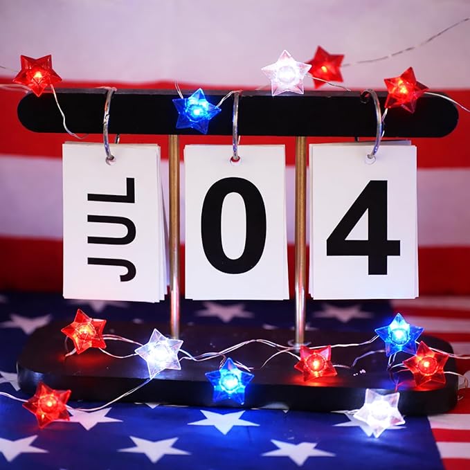 BOHON 4th of July Decorations Battery Operated String Lights with Remote Timer 13 ft 40 LEDs Red White and Blue Lights for Home Patriotic Memorial Independence Day Fourth of July Decor