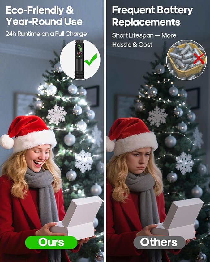 Rechargeable Rope Lights, 79FT 240LED Outdoor Waterproof String Lights with 1200mah Portable Rechargeable Battery, Timing & 8 Modes for Party Christmas Camping DIY Tree trampoline - Cool White 2 Pack
