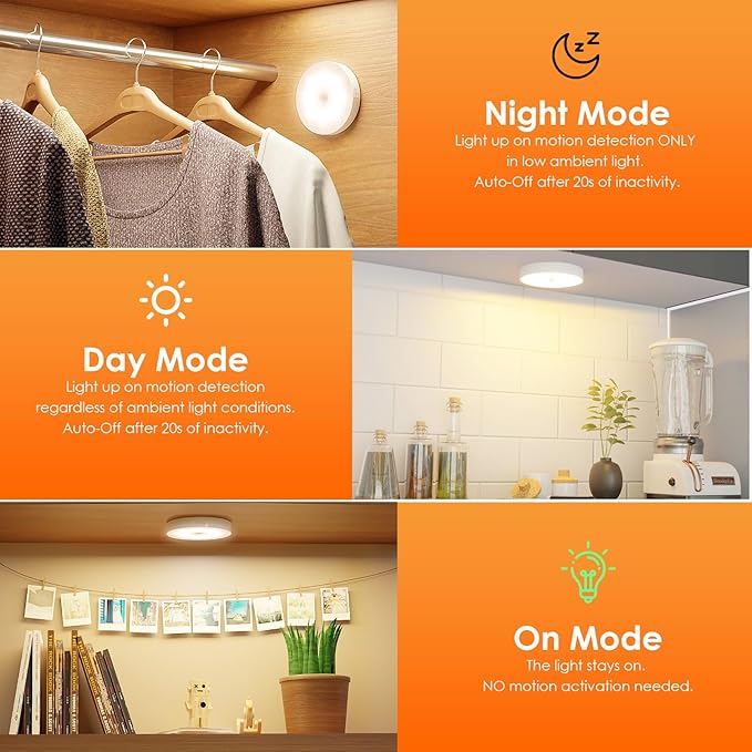 Motion Sensor Puck Light with Remote, Wireless Dimmable Under Cabinet Lighting, Rechargeable Magnetic Closet Night Light, 4-Pack, Warm White