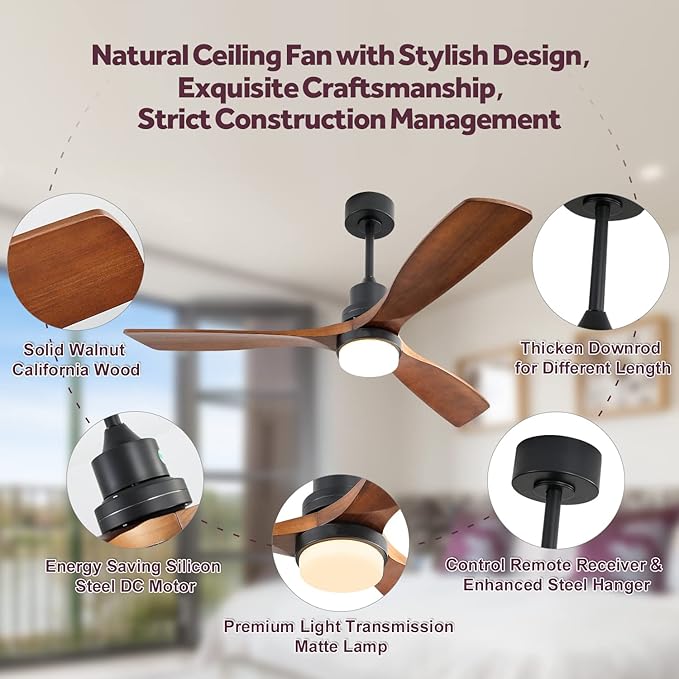 Outdoor Flush Mount Ceiling Fans with Lights Remote,52''Low Profile Ceiling Fans with 3 Solid-Wood Blade,Noiseless Dc Motor and 3 Color Dimming Light for Indoor Outdoor Living Room Farmhouse