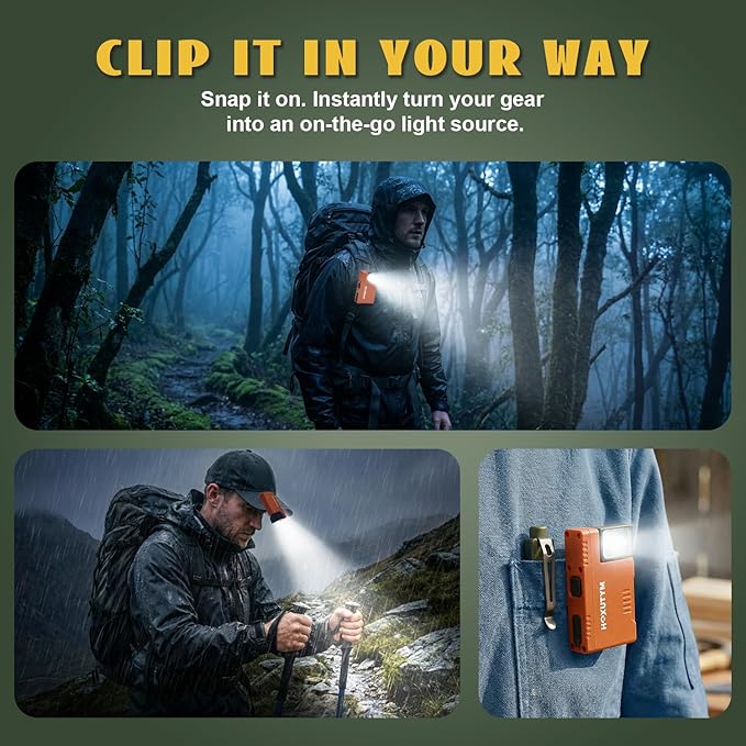 Clip-on LED Rechargeable Flashlights – 500lm EDC Mini Pocket Light, Hands-Free Magnetic Work Light with 180° Rotatable Clip & RGB Emergency Mode for Camping, Hiking, Repairs, Walkies