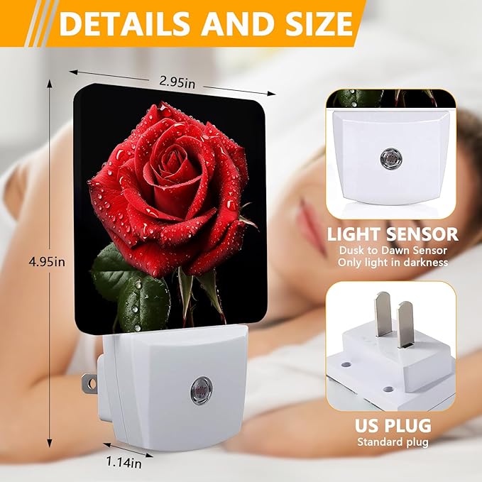 Red Rose Night Light, Plug-into Nightlight White LED Lamp, Energy Efficient Decor Desk Lamp for Bedroom Hallway Stairs Bathroom